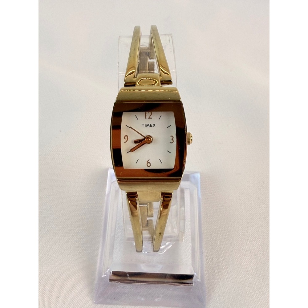 Timex Womens Gold Tone Bangle Bracelet Watch Square White Dial Dress Watch